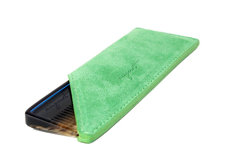 August Grooming suede case in green and pocket comb